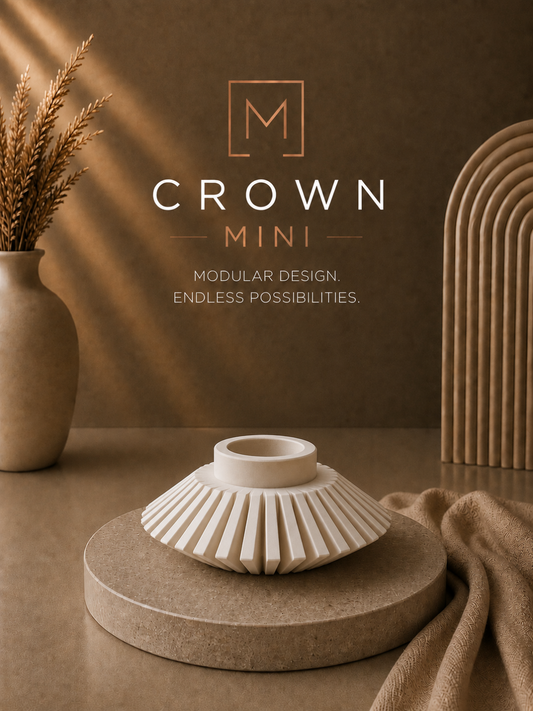 Crown connector uit de Lumi Mod-collectie – platte waaierachtige schijfvorm met strakke radiale ribben